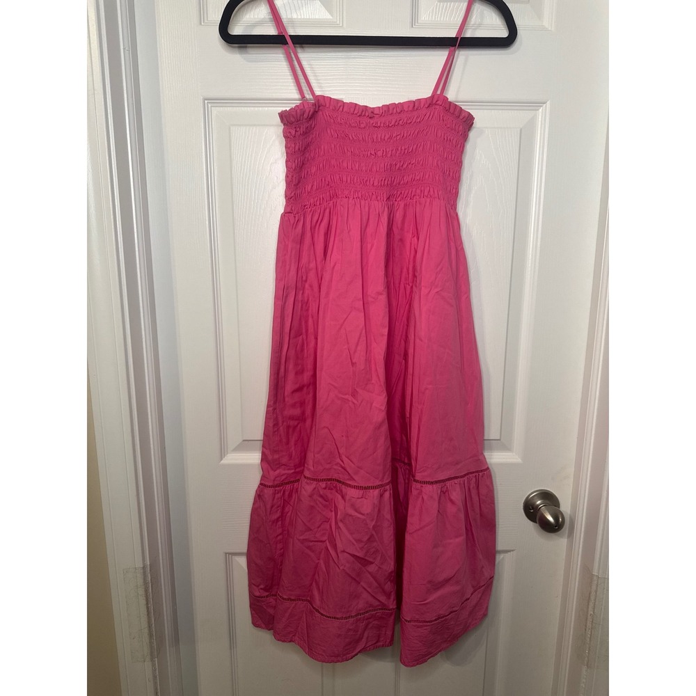 100% Cotton O.P.T. Pink Smocked Cotton Midi Dress Spaghetti Strap Tiered XS